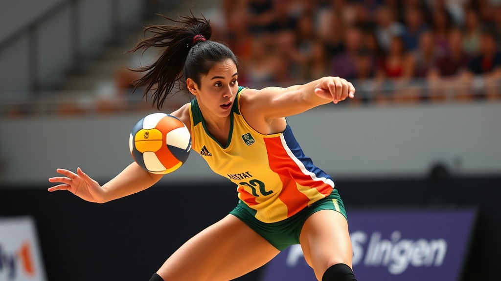 다른 색상의 유니폼을 착용한 배구 리베로 선수가 수비 자세를 취하고 있는 모습